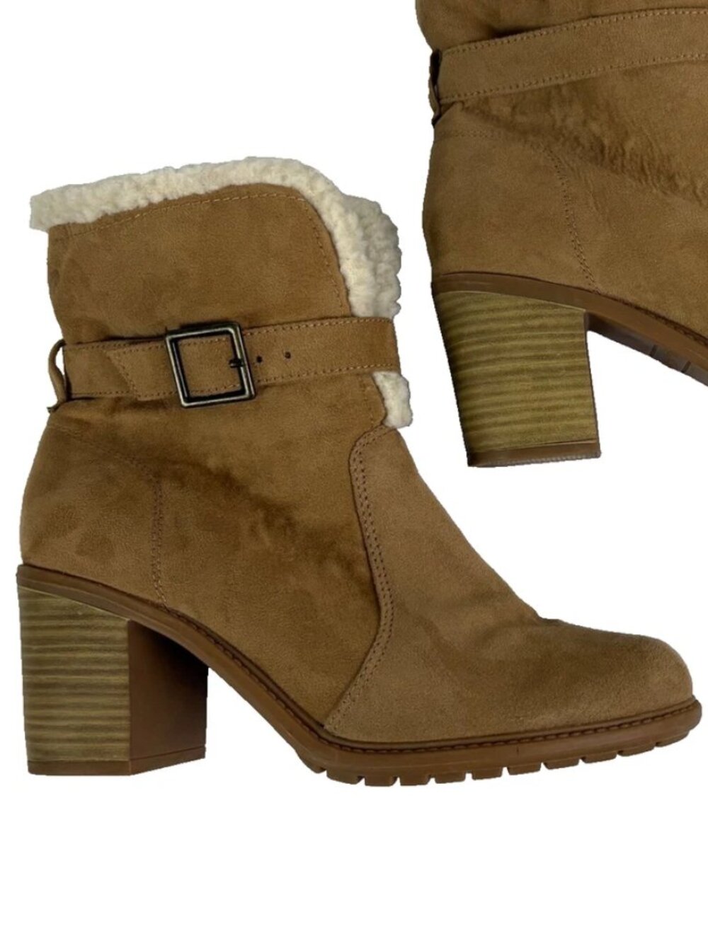 American Eagle Women Tan Suede Faux Fur Lined Heeled Ankle Boots Cozy Winter 8.5